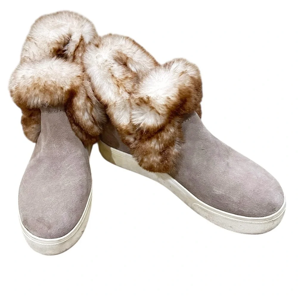 J/SLIDES  Sean Taupe suede leather Faux Fur Lined Winter sneaker Booties